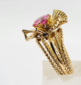 0526 Vintage: 9ct Gold Pink Sapphire "Sundial" Cocktail Ring- Exceptional piece