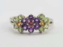 Load image into Gallery viewer, 0352: Vintage: 14ct White Gold Multi-Gems Floral Ring- lovely colour mix
