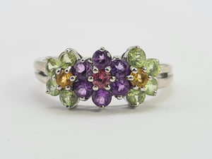 0352: Vintage: 14ct White Gold Multi-Gems Floral Ring- lovely colour mix