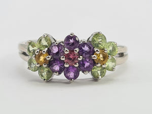 0352: Vintage: 14ct White Gold Multi-Gems Floral Ring- lovely colour mix