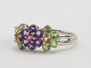 0352: Vintage: 14ct White Gold Multi-Gems Floral Ring- lovely colour mix