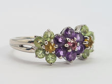 Load image into Gallery viewer, 0352: Vintage: 14ct White Gold Multi-Gems Floral Ring- lovely colour mix
