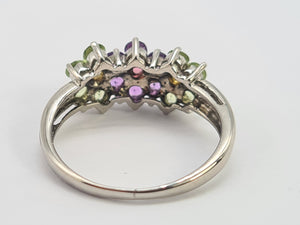 0352: Vintage: 14ct White Gold Multi-Gems Floral Ring- lovely colour mix