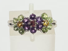 Load image into Gallery viewer, 0352: Vintage: 14ct White Gold Multi-Gems Floral Ring- lovely colour mix
