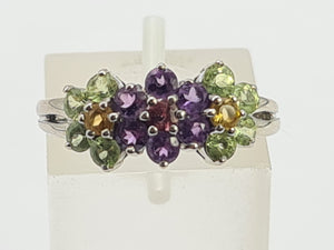 0352: Vintage: 14ct White Gold Multi-Gems Floral Ring- lovely colour mix