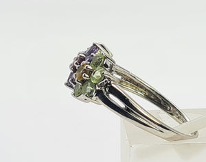 0352: Vintage: 14ct White Gold Multi-Gems Floral Ring- lovely colour mix