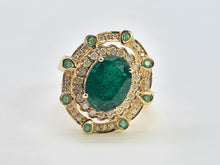 Load image into Gallery viewer, 0403: Vintage: 14ct Gold Emeralds 44 Diamonds Cocktail Ring- rare
