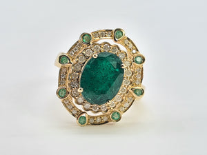 0403: Vintage: 14ct Gold Emeralds 44 Diamonds Cocktail Ring- rare