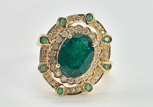 0403: Vintage: 14ct Gold Emeralds 44 Diamonds Cocktail Ring- rare