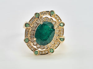 0403: Vintage: 14ct Gold Emeralds 44 Diamonds Cocktail Ring- rare