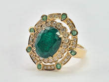 Load image into Gallery viewer, 0403: Vintage: 14ct Gold Emeralds 44 Diamonds Cocktail Ring- rare
