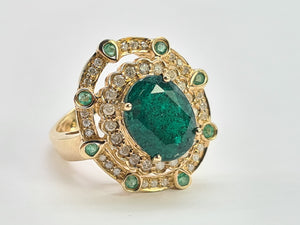 0403: Vintage: 14ct Gold Emeralds 44 Diamonds Cocktail Ring- rare