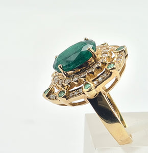 0403: Vintage: 14ct Gold Emeralds 44 Diamonds Cocktail Ring- rare