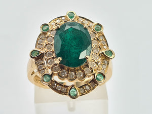 0403: Vintage: 14ct Gold Emeralds 44 Diamonds Cocktail Ring- rare