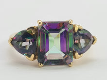 Load image into Gallery viewer, 0406: Vintage: 9ct Gold Caribbean Topaz Trilogy Ring- geometric symmetry, lovely colours
