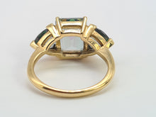 Load image into Gallery viewer, 0406: Vintage: 9ct Gold Caribbean Topaz Trilogy Ring- geometric symmetry, lovely colours
