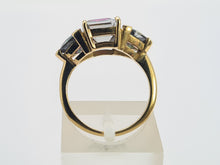 Load image into Gallery viewer, 0406: Vintage: 9ct Gold Caribbean Topaz Trilogy Ring- geometric symmetry, lovely colours
