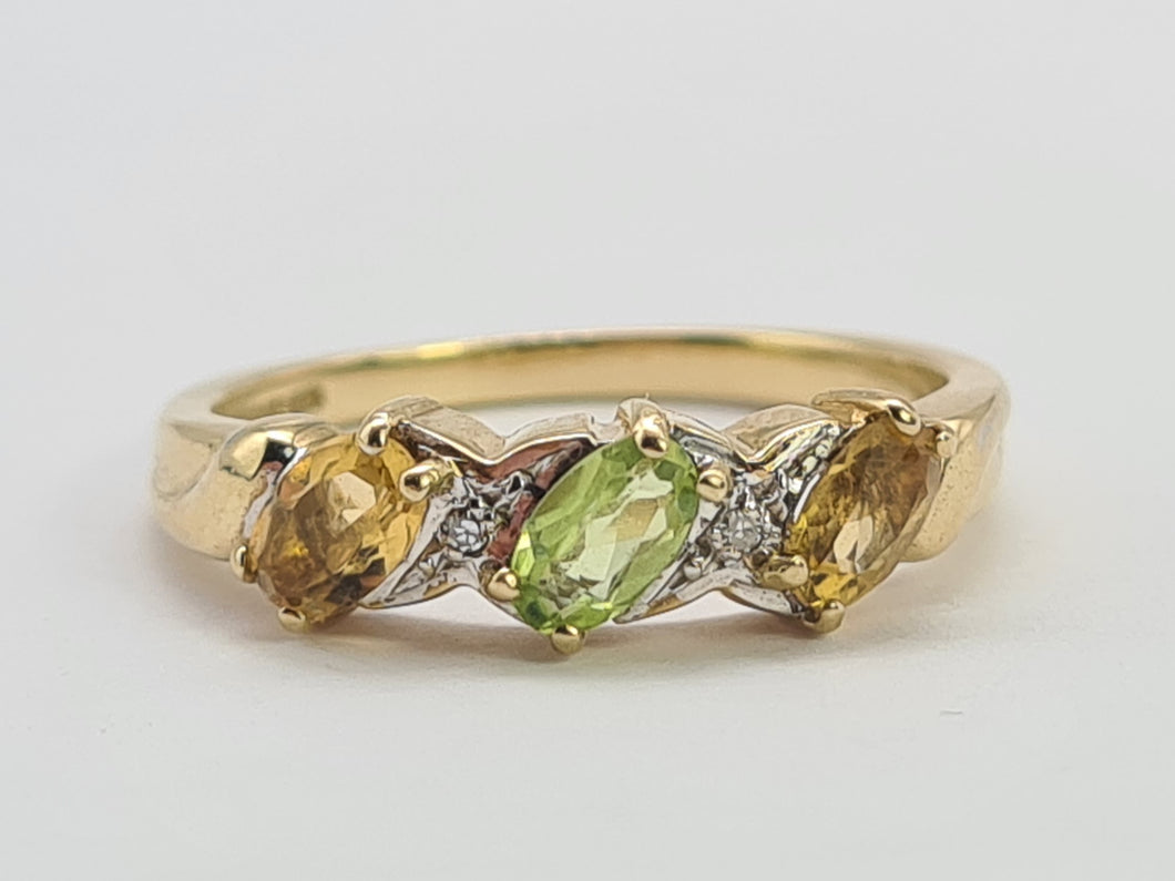 0471: Vintage 9ct Gold Peridot, Citrines, Diamonds Dress Ring- Lovely