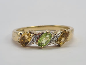 0471: Vintage 9ct Gold Peridot, Citrines, Diamonds Dress Ring- Lovely