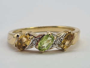 0471: Vintage 9ct Gold Peridot, Citrines, Diamonds Dress Ring- Lovely