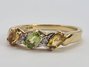 0471: Vintage 9ct Gold Peridot, Citrines, Diamonds Dress Ring- Lovely