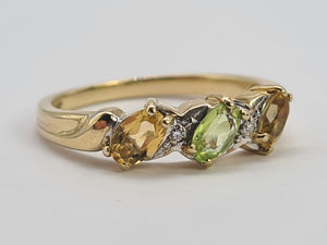 0471: Vintage 9ct Gold Peridot, Citrines, Diamonds Dress Ring- Lovely