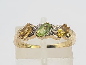 0471: Vintage 9ct Gold Peridot, Citrines, Diamonds Dress Ring- Lovely