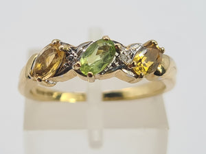 0471: Vintage 9ct Gold Peridot, Citrines, Diamonds Dress Ring- Lovely