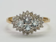 Load image into Gallery viewer, 0722: Vintage: 9ct Gold Blue Topaz Diamonds Cluster Ring- petite, sparkling, beauty
