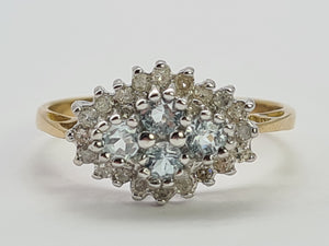 0722: Vintage: 9ct Gold Blue Topaz Diamonds Cluster Ring- petite, sparkling, beauty