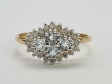 Load image into Gallery viewer, 0722: Vintage: 9ct Gold Blue Topaz Diamonds Cluster Ring- petite, sparkling, beauty
