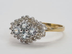 0722: Vintage: 9ct Gold Blue Topaz Diamonds Cluster Ring- petite, sparkling, beauty