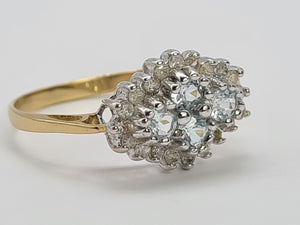 0722: Vintage: 9ct Gold Blue Topaz Diamonds Cluster Ring- petite, sparkling, beauty