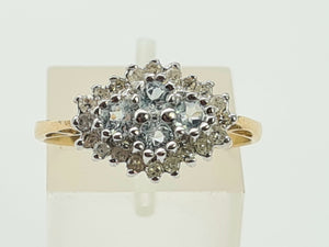 0722: Vintage: 9ct Gold Blue Topaz Diamonds Cluster Ring- petite, sparkling, beauty