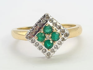 0729: Vintage: 9ct Gold Emeralds Diamonds Geometric Set Ring- lovely symmetry