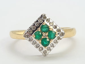 0729: Vintage: 9ct Gold Emeralds Diamonds Geometric Set Ring- lovely symmetry