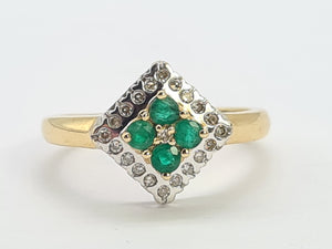 0729: Vintage: 9ct Gold Emeralds Diamonds Geometric Set Ring- lovely symmetry