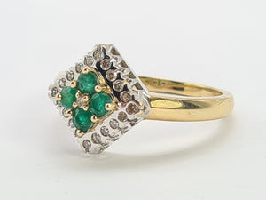 0729: Vintage: 9ct Gold Emeralds Diamonds Geometric Set Ring- lovely symmetry