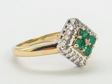 Load image into Gallery viewer, 0729: Vintage: 9ct Gold Emeralds Diamonds Geometric Set Ring- lovely symmetry
