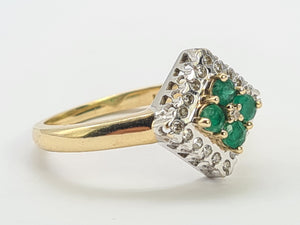 0729: Vintage: 9ct Gold Emeralds Diamonds Geometric Set Ring- lovely symmetry