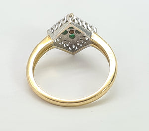 0729: Vintage: 9ct Gold Emeralds Diamonds Geometric Set Ring- lovely symmetry