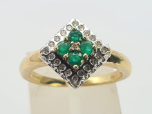 Load image into Gallery viewer, 0729: Vintage: 9ct Gold Emeralds Diamonds Geometric Set Ring- lovely symmetry
