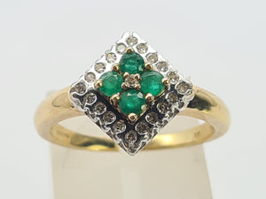 0729: Vintage: 9ct Gold Emeralds Diamonds Geometric Set Ring- lovely symmetry