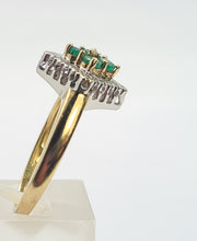 Load image into Gallery viewer, 0729: Vintage: 9ct Gold Emeralds Diamonds Geometric Set Ring- lovely symmetry
