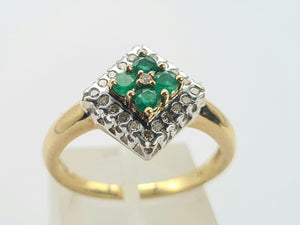 0729: Vintage: 9ct Gold Emeralds Diamonds Geometric Set Ring- lovely symmetry