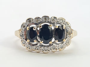 0730:Vintage: 9ct Gold Australian Blue Sapphires 16 Diamonds Cocktail Ring- Date-Mark 1988