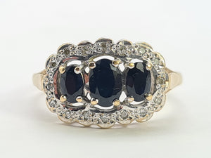 0730:Vintage: 9ct Gold Australian Blue Sapphires 16 Diamonds Cocktail Ring- Date-Mark 1988