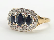 Load image into Gallery viewer, 0730:Vintage: 9ct Gold Australian Blue Sapphires 16 Diamonds Cocktail Ring- Date-Mark 1988
