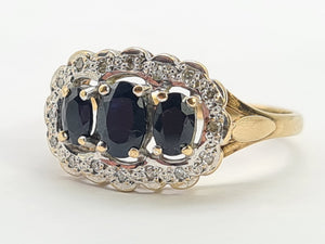 0730:Vintage: 9ct Gold Australian Blue Sapphires 16 Diamonds Cocktail Ring- Date-Mark 1988