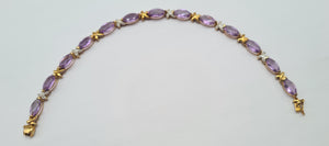 0745: Vintage: 9ct Gold Lilac Amethysts Diamonds Bracelet (19cm) - luscious